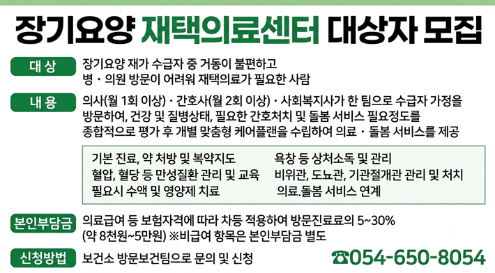 장기요양 재택의료센터 대상자 모집 대 상 장기요양 재가 수급자 중 거동이 불편하고 병의원 방문이 어려워 재택의료가 필요한 사람 내 용 의사(월 1회 이상) 간호사(월 2회 이상) 사회복지사가 한 팀으로 수급자 가정을 방문하여, 건강 및 질병상태, 필요한 간호처치 및 돌봄 서비스 필요정도를 종합적으로 평가 후 개별 맞춤형 케어플랜을 수립하여 의료돌봄 서비스를 제공 기본 진료, 약 처방 및 복약지도 욕창 등 상처소독 및 관리 혈압, 혈당 등 만성질환 관리 및 교육 비위관, 도뇨관, 기관절개관 관리 및 처치 필요시 수액 및 영양제 치료 의료.돌봄 서비스 연계 본인부담금 의료급여 등 보험자격에 따라 차등 적용하여 방문진료료의 5~30%(약 8천원~5만원) ※비급여 항목은 본인부담금 별도 신청방법 보건소 방문보건팀으로 문의 및 신청(☎054-650-8054)