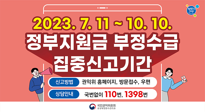 2023.7.11. ~ 10.10.정부지원금 부정수급 집중신고기간신고방법 : 권익위 홈페이지, 방문접수, 우편상담안내 : 국번없이 110번, 1398번국민권익위원회 공공재정환수관리과