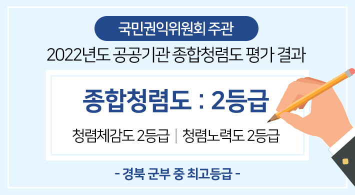 국민권익위원회 주관2022년도 공공기관 종합청렴도 평가 결과종합청렴도 2등급청렴체감도 2등급, 청렴노력도 2등급경북 군부 중 최고등급
