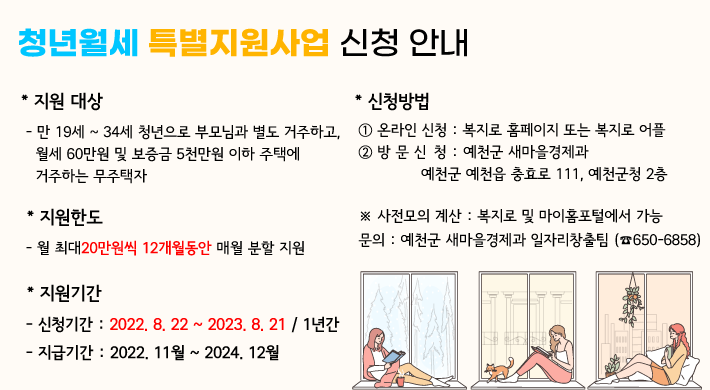 청년월세 특별지원사업 신청 안내 * 지원 대상- 만 19세 ~ 34세 청년으로 부모님과 별도 거주하고,월세 60만원 및 보증금 5천만원 이하 주택에 거주하는 무주택자 * 지원한도- 월 최대20만원씩 12개월동안 매월 분할 지원 * 지원기간- 신청기간 : 2022. 8. 22 ~ 2023. 8. 21 / 1년간- 지급기간 : 2022. 11월 ~ 2024. 12월 * 신청방법① 온라인 신청 : 복지로 홈페이지 또는 복지로 어플② 방문신청 : 예천군 새마을경제과예천군 예천읍 충효로 111, 예천군청 2층 ※ 사전모의 계산 : 복지로 및 마이홈포털에서 가능문의 : 예천군 새마을경제과 일자리창출팀 (☎650-6858)
