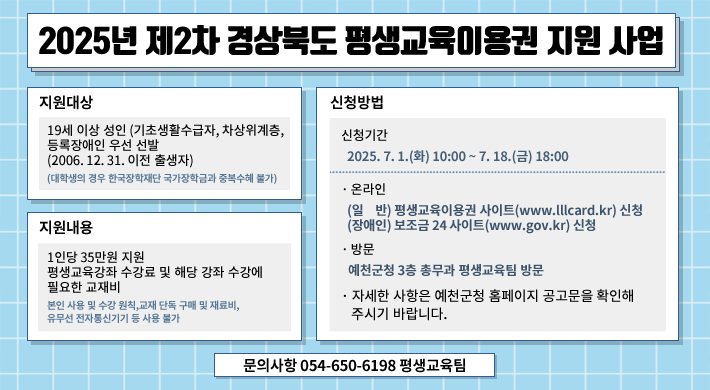2025년 제2차 경상북도 평생교육이용권 지원 사업지원대상 : 19세 이상 성인(기초생활수급자, 차상위계층, 등록장애인 우선 선발)(2006. 12. 31. 이전 출생자)(대학생의 경우 한국장학재단 국가장학금과 중복수혜 불가)지원내용 : 1인당 35만원 지원, 평생교육강좌 수강료 및 해당 강좌 수강에 필요한 교재비본인 사용 및 수강 원칙, 교재 단독 구매 및 재료비, 유무선 전자통신기기 등 사용 불가신청방법 : 신청기간 - 2025. 7. 1.(화) 10:00 ~ 7. 18.(금) 18:00·온라인 - (일반) 평생교육이용권 사이트(www.lllcard.kr) 신청, (장애인) 보조금 24 사이트(www.gov.kr) 신청·방문 - 예천군청 3층 총무과 평생교육팀 방문자세한 사항은 예천군청 홈페이지 공고문을 확인해 주시기 바랍니다.문의사항 054-650-6198 평생교육팀