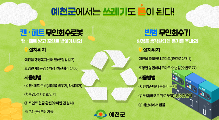 예천군에서는 쓰레기도 돈이다 설치위치예천읍 행정복지센터 앞(군청앞길 2) 호명면 제1공영주차장 옆(산합리 1450) 사용방법① 캔·페트 준비(내용물 비우기, 라벨제거)② 투입, 전화번호 입력③ 포인트 현금 환전(수퍼빈 앱 설치) ※ 7.1.(금) 부터 가동 설치위치예천읍 축협하나로마트(충효로 257-1) 호명면 농협하나로마트 수변점(수변로 77)사용방법① 빈병준비(내용물 비우기)② 투입(바코드 위로 투입), 영수증 출력③ 계산대에서 환불