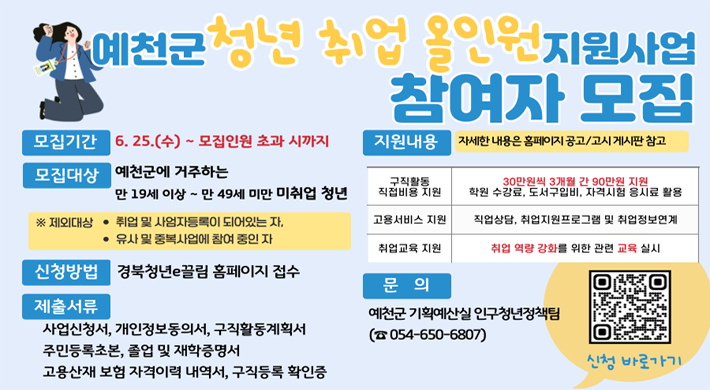 예천군 청년 취업 올인원지원사업 참여자 모집모집기간 : 6. 25. (수) ~ 모집인원 초과 시까지모집대상 : 예천군에 거주하는 만 19세 이상 ~ 만 49세 이하 미취업 청년※ 제외대상 - 취업 및 사업자등록이 되어있는 자, 유사 및 중복사업에 참여 중인 자신청방법 : 경북청년e끌림 홈페이지 접수제출서류 : 사업신청서, 개인정보동의서, 구직활동계획서, 주민등록초본, 졸업 및 재학증서, 고용산재 보험 자격이력 내역서, 구직등록 확인증지원내용 : 자세한 내용은 홈페이지 공고/고시 게시판 참고구직활동 직접비용 지원 - 30만원씩 3개월 간 90만원 지원, 학원 수강료, 도서구입비, 자격시험 응시료 활용.고용서비스 지원 - 직업상담, 취업지원프로그램 및 취업정보 연계.취업교육 지원 - 취업 역량 강화를 위한 관련 교육 실시문의 : 예천군 기획예산실 인구청년 정책팀(☎054-650-6807)