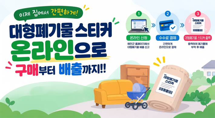 이제집에서간편하게!대형폐기물스티커 온라인으로 구매부터 배출까지1 온라인신청 예천군 홈페이지에서 대형폐기물 배출 신고2 수수료 결제 간편하게 온라인으로 결제3 대형폐기물스티커 대형폐기물 스티커출력 출력하여 폐기물에 부착 후 배출대형폐기물 스티커