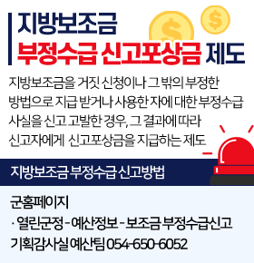 지방보조금을 거짓 신청이나 그 밖의 부정한 방법으로 지급받거나 사용한 자에 대한 부정수급 사실을 신고 고발한 경우, 그 결과에 따라 신고자에게 신고포상금을 지급하는 제도지방보조금 부정수급 신고 방법 : 군홈페이지(열린군정-예산정보-보조금부정수급신고)기획감사실 예산팀 054-650-6052