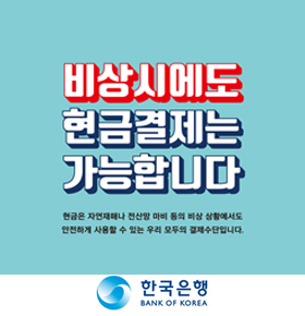 비상시에도 현금결제는 가능합니다.현금은 자연재해나 전산망 마비 등의 비상 상황에서도안전하게 사용할 수 있는 우리 모두의 결제수단입니다.