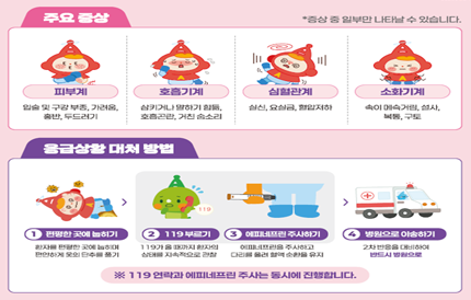 주요 증상피부계 - 입술 및 구강 부종, 가려움, 홍반, 두드러기호흡기계 - 삼키거나 말하기 힘듦, 호흡곤란, 거친 숨소리심혈관계 - 실신, 요실금, 혈압저하소화기계 - 속이 메슥거림, 설사, 복통, 구토* 증상 중 일부만 나타날 수 있습니다.응급상황 대처 방법1. 편평한 곳에 눕히기 - 환자를 편평한 곳에 눕히며 편안하게 옷의 단추를 풀기2. 119부르기 - 119가 올 때까지 환자의 상태를 지속적으로 관찰3. 에피네프린 주사하기 - 에피네프린을 주사하고 다리를 올려 혈액 순환을 유지4. 병원으로 이송하기 - 2차 반응을 대비하여 반드시 병원으로※ 119 연락과 에피네프린 주사는 동시에 진행합니다.