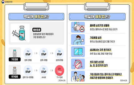 백일해 예방법은?예방접종 : 접종일정에 맞춘 예방접종이 가장 중요합니다!기초접종 - 1차 DTap 생후 2개월 ▷ 2차 DTap 생후 4개월 ▷ 3차 DTap 생후 6개월추가접종 - 4차 DTap 생후 15~18개월 ▷ 5차 DTap 4~6세 ▷ 6차 Tdap 11~12세 2024. 4. 29. 백일해 예방법은?올바른 손씻기의 생활화 - 흐르는 물에 비누로 30초 이상 손씻기기침예절 실천 - 휴지나 옷소매로 입과 코를 가리기실내에서는 자주 환기하기 - 하루 최소 3회, 매회 10분 이상씻지 않은 손으로 눈, 코, 입 만지지 않기기침 증상이 있는 경우 마스크 착용하고 의료기관 방문하여 진료받기2024. 4. 29.