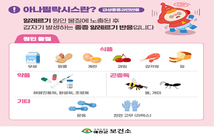 아나필락시스란? 급성중증과민반응알레르기 원인 물질에 노출된 후 갑자기 발생하는 중증 알레르기 반응입니다.원인 물질 식품 - 우유, 땅콩, 계란, 과일, 갑각류, 밀약품 - 해열진통제, 항생제, 조영제곤충독 - 벌, 개미기타 - 운동, 천연 고무(라텍스)