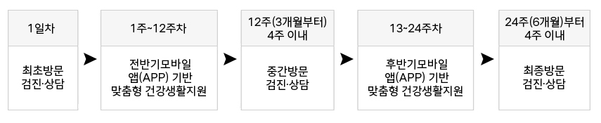 24주 주요 서비스 내용 및 서비스 제공 과정. 1일차-최초방문 검진, 상담. 1주~12주차-전반기 모바일 앱(app) 기반 맞춤형 건강생활지원. 12주(3개월)부터 4주 이내-중간방문 검진, 상담. 13~24주차-후반기 모바일(app) 기반 맞춤형 건강생활지원. 24주(6개월)부터 4주 이내-최초방문 검진, 상담.