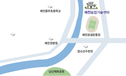 농업기술센터 찾아오시는 길 : 예천군청 출발-예천IC방면좌회전614m-중앙고속예천IC방면우회전451m-동본사거리좌회전370m-좌회전73m-농업기술센터 도착
