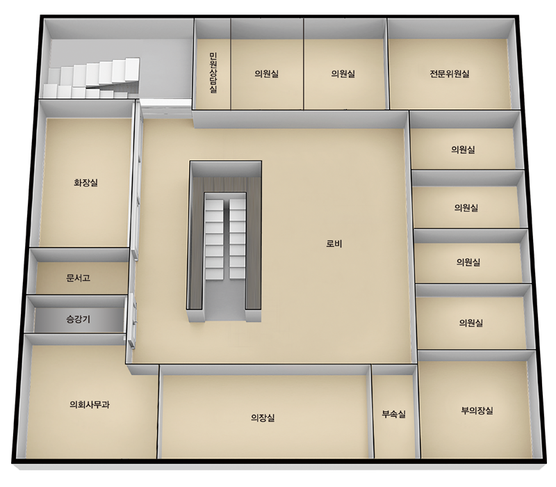 의회청사 2층 : 의회사무과, 전문위원실, 위원사무실, 의장실, 부의장실, 부속실, 자료실, 휴게실, 창고, 화장실