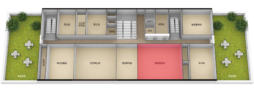 문화관광과는 본관 4층 계단을 기준으로 맞은편, 오른쪽 제일 끝에 위치합니다.