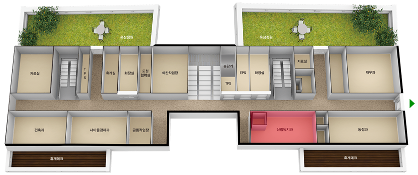 본관3층 : 산림축산과, 재난관리과, 산불상황실, 회의실, 자료실, 화장실
