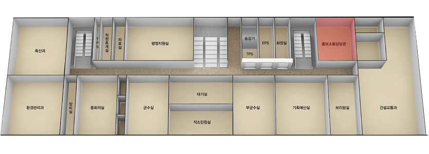 홍보소통담당관은 본관 3층 가운데 계단 오른쪽에 승강기, TPS, EPS, 화장실, 오른쪽 계단 옆에 위치해있습니다.