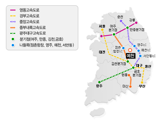 예천 오시는길안내 서울에서 예천으로 오시려면 경부고속도로 - 신갈분기점 - 영동고속도로 - 여주분기점 - 중부내륙고속도로 - 점촌,함창IC-예천도착하는 방법, 중부고속도로-호법분기점-영동고속도로-여주분기점-중부내륙고속도로-점촌,함창IC-예천도착하는 방법과 영동고속도로-만종분기점-중앙고속도로-예천IC로 도착하는 방법, 강릉,원주에서 예천으로 오시는 방법은 영동고속도로-만종분기점-중앙고속도로-예천IC도착하는 방법, 부산에서 예천오시는 방법은 경부고속도로-대구-금호분기점-중앙고속도로 안동,춘천방면-예천IC도착하는 방법과 경부고속도로-김천분기점-중부내륙고속도로-점촌,함창IC-예천으로 도착하는 방법, 대구에서 예천으로 오시는 방법은 중앙고속도로 - 칠곡 - 안동 - 예천IC로 도착하는 방법, 대전에서 예천으로 오시는 방법은 국도 4번 - 옥천- 국도37번 - 관기 - 국도25번-상주-국도3번-문경(점촌)-예천으로 도착하는 방법, 마산에서 예천으로 오시는 방법은 구마고속도로-중앙고속도로-대구-안동-예천IC로 도착하는방법과 광고에서 예천으로 오시는방법은 88고속도로 - 대구 - 중앙고속도로-안동-예천IC로 도착하는 방법과 88고속도로-대구-김천분기점-중부내륙고속도로-점촌,함창IC-예천으로 도착하는 방법이 있습니다.