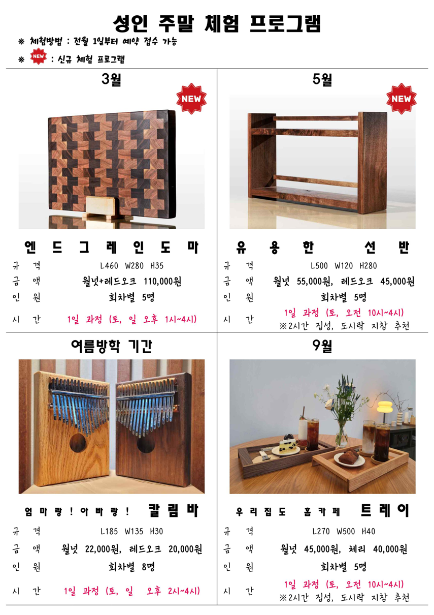 성인 주말 체험 프로그램. ※ 체험방법 : 전월 1일부터 예약 접수 가능. ※ NEW : 신규 체험 프로그램. 3월 - NEW 엔드그레인도마 규격: L460 W280 H35, 금액: 월넛+레드오크 110,000원, 인원: 회차별 5명, 시간: 1일 과정(토, 일 오후 1시~4시). 5월 - NEW 유용한 선반 규격: L500 W120 H280, 금액: 월넛 55,000원, 레드오크 45,000원, 인원: 회차별 5명, 시간: 1일 과정(토, 오전 10시~4시) ※ 2시간 집성, 도시락 지참 추천. 여름방학 기간 - 엄마랑! 아빠랑! 칼림바 규격: L185 W135 H30, 금액: 월넛 22,000원, 레드오크 20,000원, 인원: 회차별 8명, 시간: 1일 과정(토, 일 오후 2시~4시). 9월 - 우리집도 홈카페 트레이 규격: L270 W500 H40, 금액: 월넛 45,000원, 체리 40,000원, 인원: 회차별 5명, 시간: 1일 과정(토, 오전 10시~4시) ※ 2시간 집성, 도시락 지참 추천.
