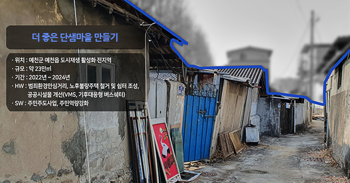 더 좋은 단샘마을 만들기. 위치 : 예천군 예천읍 도시재생 활성화 전지역. 규모 : 약 23만㎡. 기간 : 2022년~2024년. HW : 범죄환경안심거리, 노후불량주택 철거 및 쉼터 조성, 공공시설물 개선(VMS, 기후대응형 버스쉐터). SW : 주민주도사업 및 주민역량강화