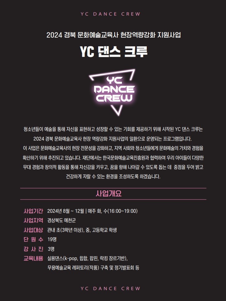 YC DANCE CREW 2024 경북 문화예술교육사 현장역량강화 지원사업 YC 댄스 크루 정기 공연 YC DANCE CREW 청소년들이 예술을 통해 자신을 표현하고 성장할 수 있는 기회를 제공하기 위해 시작된 YC 댄스 크루는 2024 경북 문화예술교육사 현장 역량강화 지원사업의 일환으로 운영되는 프로그램입니다. 이 사업은 문화예술교육사의 현장 전문성을 강화하고, 지역 사회와 청소년들에게 문화예술의 가치와 경험을 확산하기 위해 추진되고 있습니다. 재단에서는 한국문화예술교육진흥원과 협력하여 우리 아이들이 다양한 무대 경험과 창의적 활동을 통해 자신감을 키우고, 꿈을 향해 나아갈 수 있도록 돕는 데 중점을 두어 밝고 건강하게 자랄 수 있는 환경을 조성하도록 하겠습니다. 사업개요 사업기간 : 2024년 8월 ~ 12월 | 매주 화, 수(16:00 ~ 19:00 사업지역 : 경상북도 예천군 사업대상 : 관내 초(3학년 이상), 중·고등학교 학생 단원수 : 19명 강사진 : 3명 교육내용 : 실용댄스(k-pop, 힙합, 팝핀, 락킹 장르기반), 무용예술교육 레퍼토리(작품) 구축 및 정기발표회 등