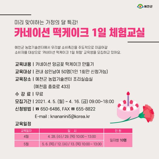 1.우리쌀 소비촉진을 주도적으로 이끌어갈 소비자를 대상으로 진행하는 '카네이션 떡케이크 1일 체험'
