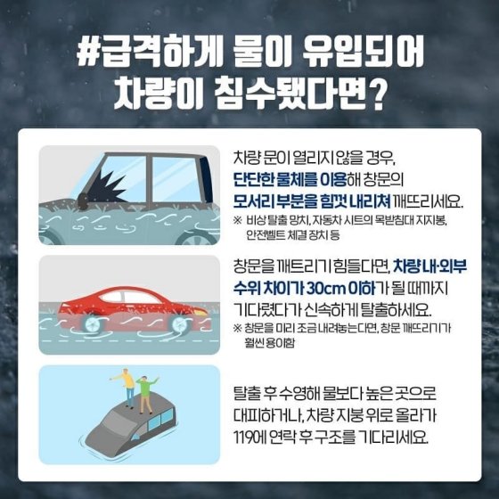4.집중호우에 잠기기 쉬운 지하 차도는 피하고 차량 침수 시 대처 방법을 꼭 기억하세요!
