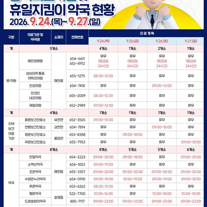 2026년 추석 연휴 예천군 당직의료기관 휴일지킴이약국 운영 현황 안내!